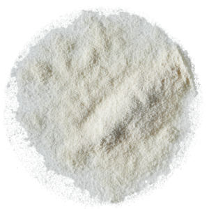Feines, weißliches Pulver – Produktfoto von Johannisbrotkernmehl (Locust Bean Gum) als pflanzliches Verdickungsmittel